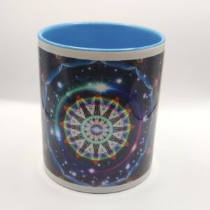 Cană bleu cu mandală univers și curcubeu
